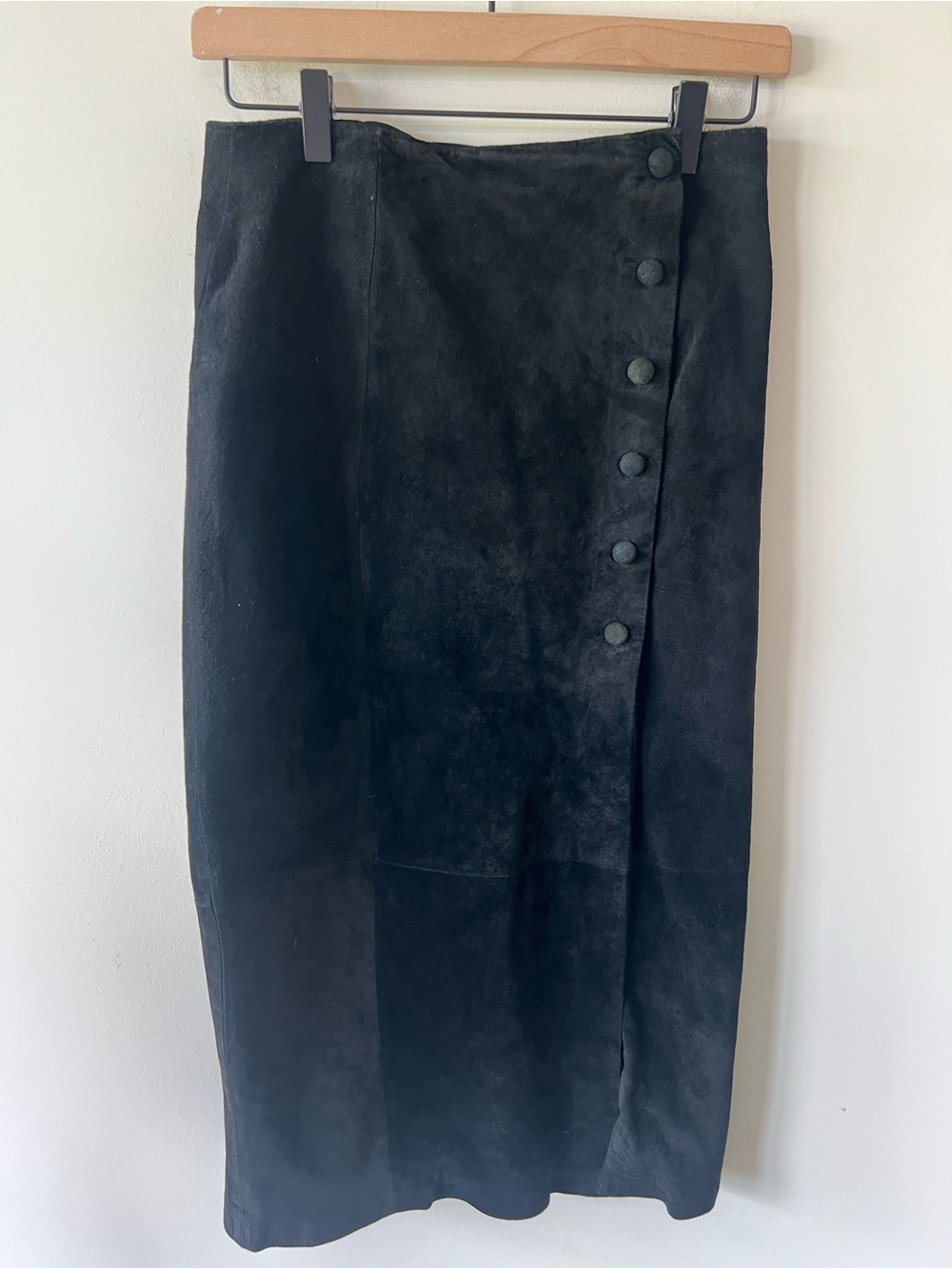 Paris Sport Club Vintage Black Button-Front Midi Skirt 100% Suede Leather